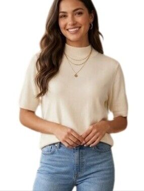 Damart Top Knit Mock Neck Short Sleeve Ivory Size M